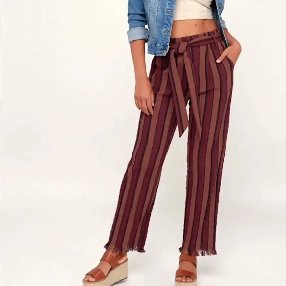 NWT Lulu’s Cotton Renfroe Burgundy Striped Pants Women’s Size Small - Picture 1 of 10